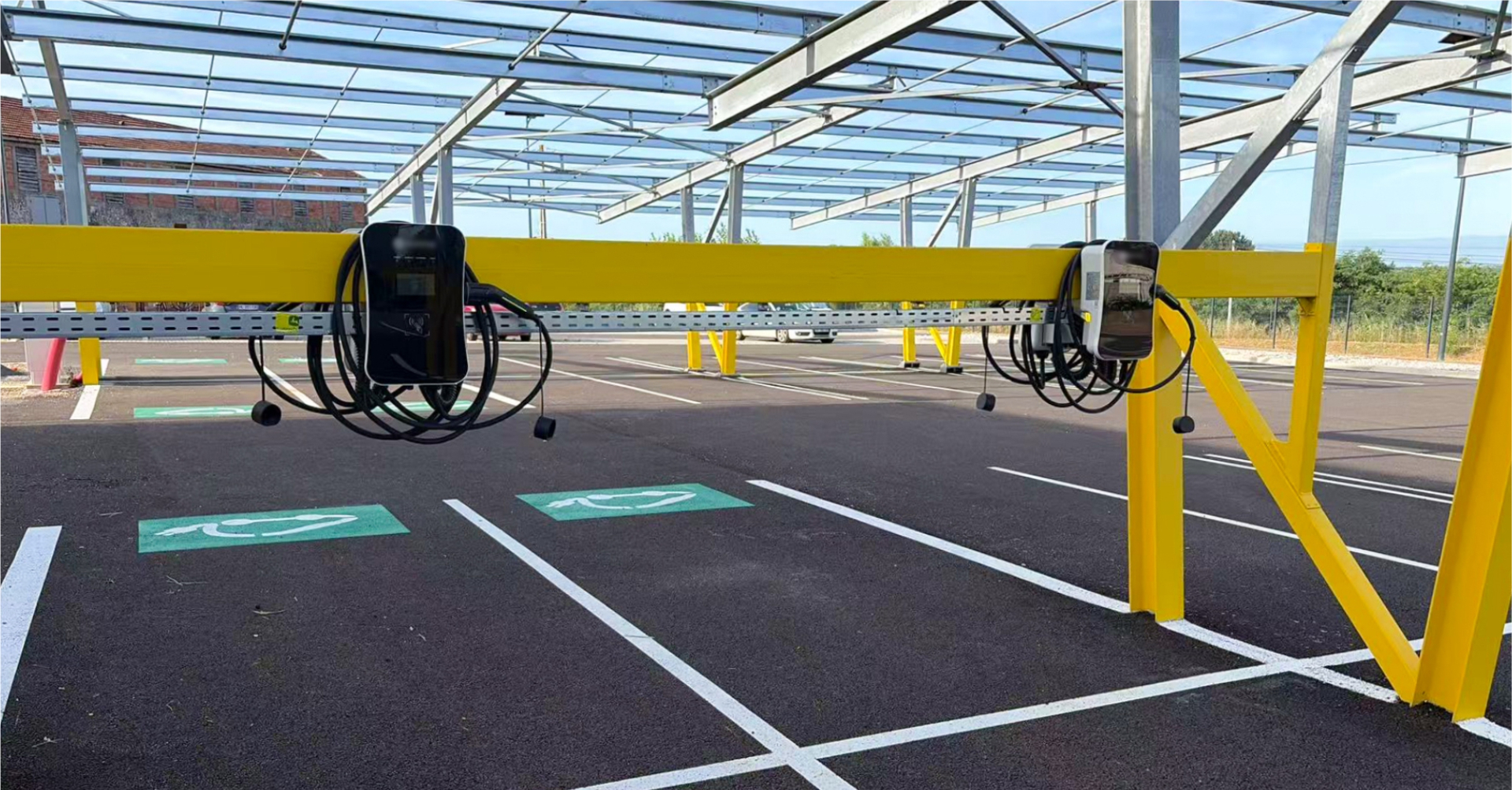 Beam-Mounted Injet Swift Smart AC Chargers at a Parking Facility